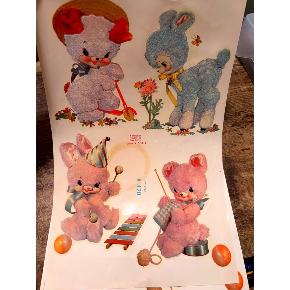 Mid Century Flocked Water Slide Decal Transfer Sheet Cute Animals Nursery Decor